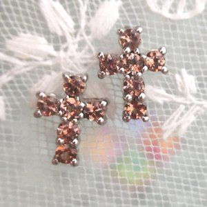 Genuine Andalusite .925 Cross Earrings Sterling Silver Studs Natural Gemstones